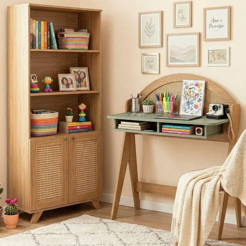 Conjunto Sala de Estudos Trama Carvalho Boho MDF MDP Marrom com Estante e Escrivaninha Dkadidecor