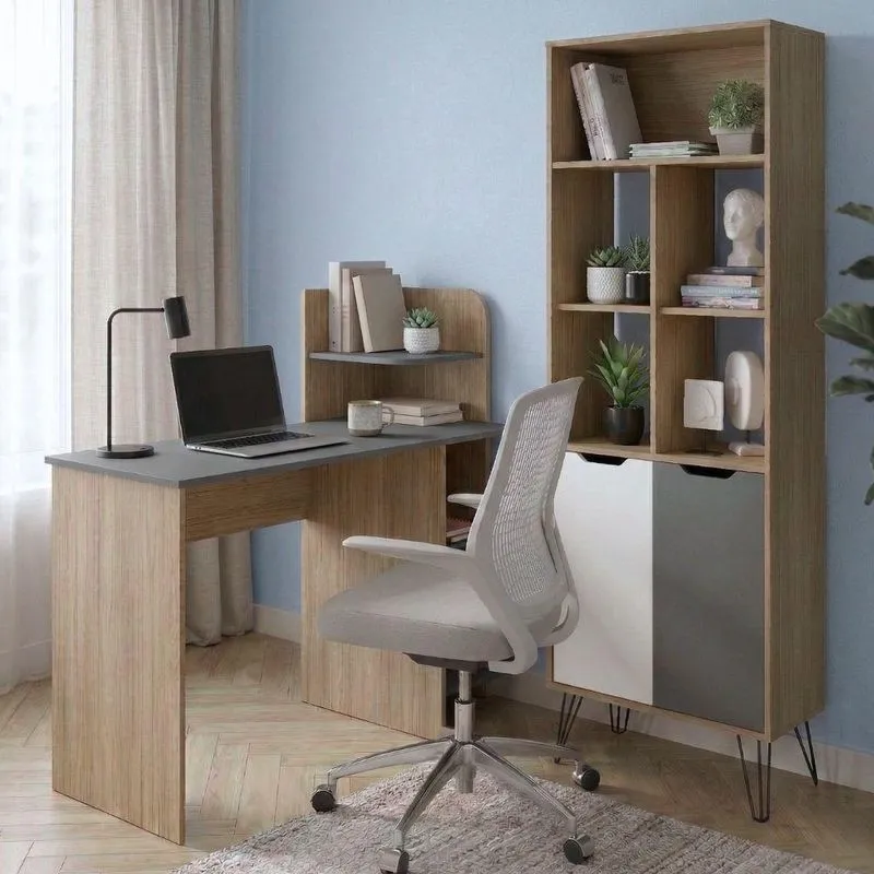 Conjunto Sala de Estudos Link com Escrivaninha e Estante MDF-MDP Grafite Fosco Dkadidecor