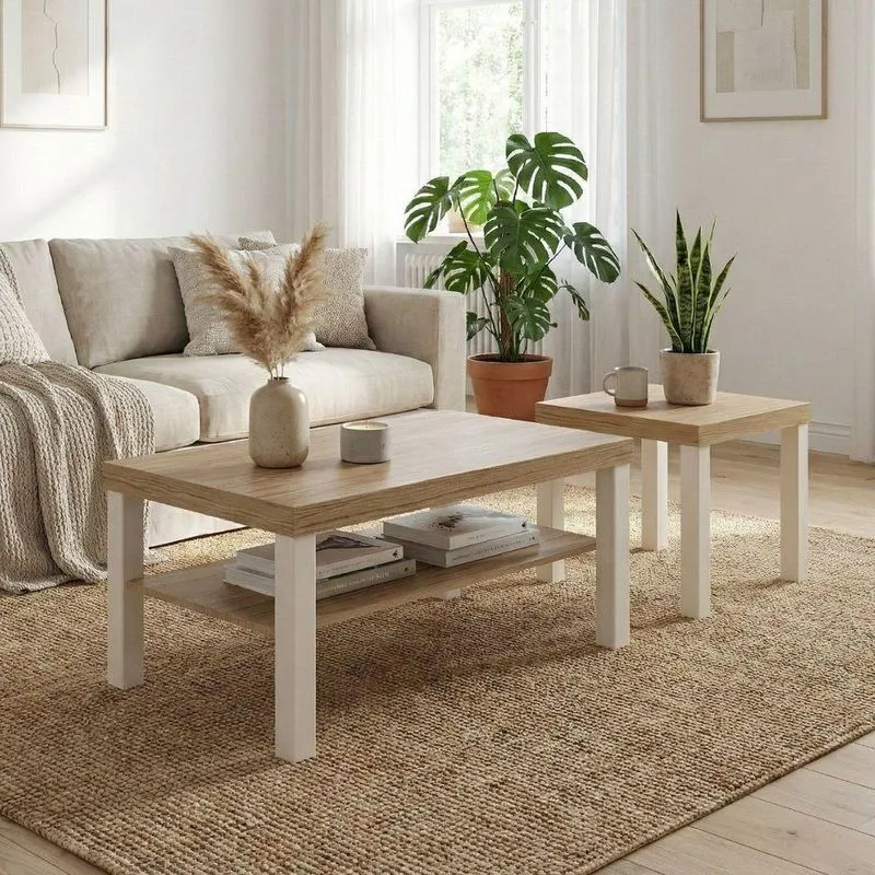 Conjunto Mesa de Centro e Apoio Up Tamburato 50mm Carvalho e Off White MDF Dkadidecor