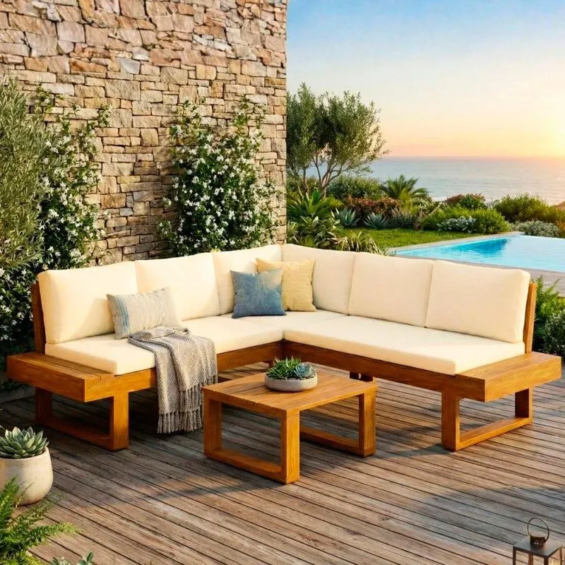Conjunto Sofá Modular Jardim Luise Madeira Maciça Estofado Acquablock Branco Impermeavel Dkadidecor