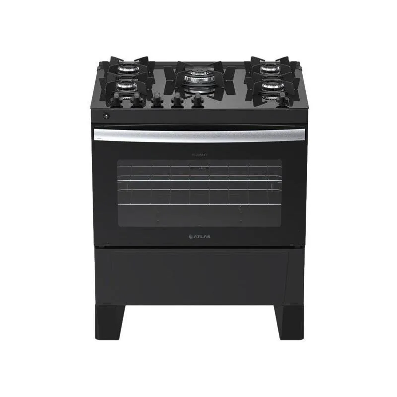 Fogão 5 Bocas Atlas Preto Mesa de Vidro Milão Fast Glass
