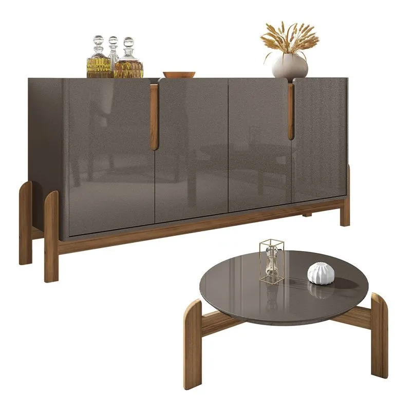 Buffet 04 Portas 170 cm e Mesa de Centro Lizz Cinza Pérola Cedro Casa D