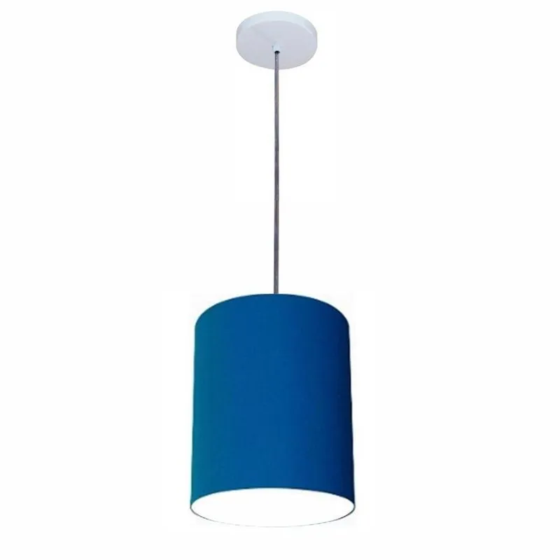 Luminária Pendente Free Lux Md-4102 Com Cúpula Em Tecido Azul-Marinho, Canopla Branca E Fio Cristal