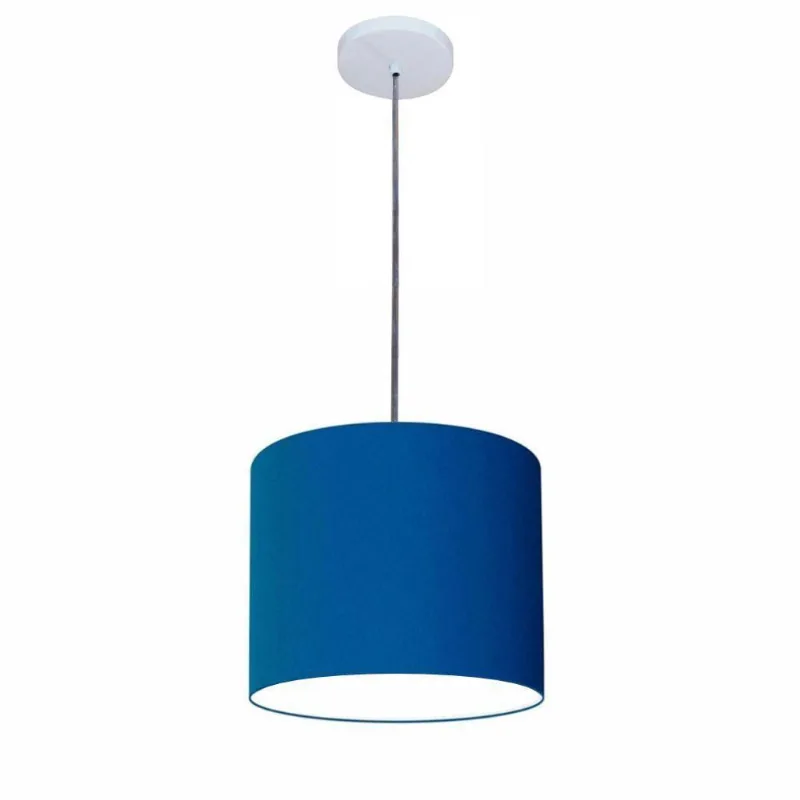 Luminária Pendente Vivare Free Lux Md-4106 Cúpula Em Tecido Azul-marinho Da Canopla Canopla Branca E Fio Cristal