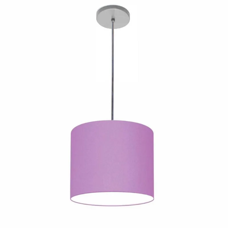 Luminária Pendente Vivare Free Lux Md-4106 Cúpula Em Tecido Lilás Da Canopla Canopla Cinza E Fio Cristal