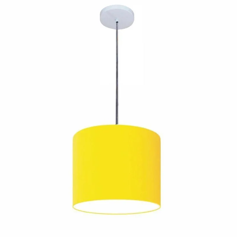 Luminária Pendente Vivare Free Lux Md-4105 Cúpula Em Tecido Amarelo Da Canopla Canopla Branca E Fio Cristal