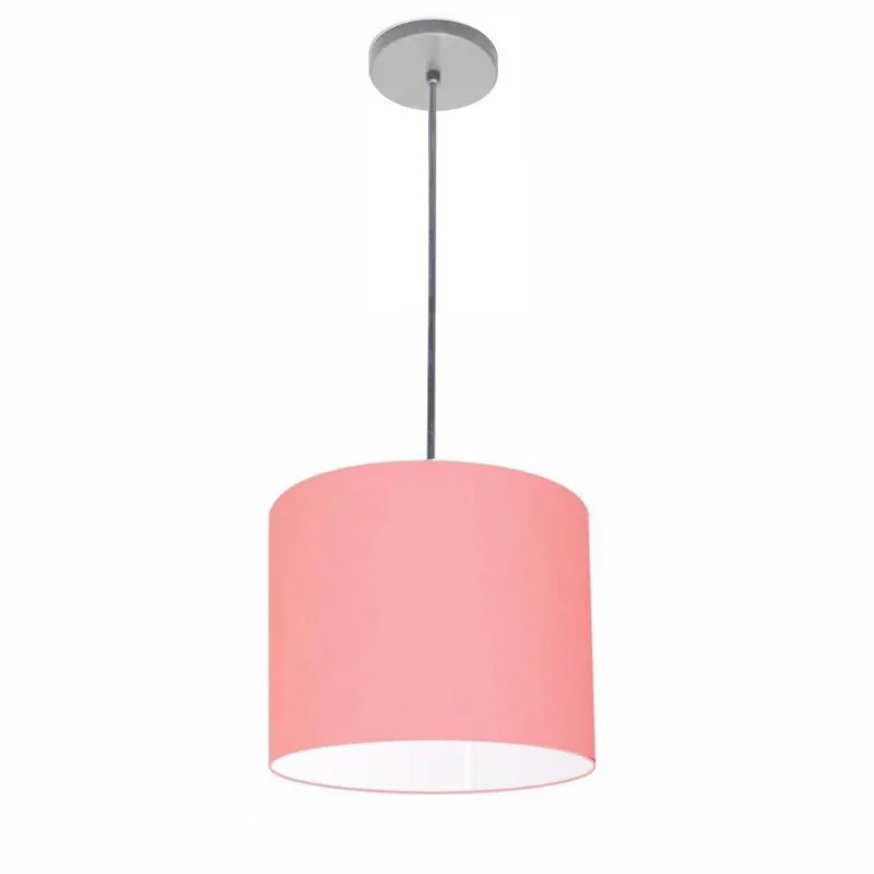 Luminária Pendente Vivare Free Lux Md-4105 Cúpula Em Tecido Rosa-tela Da Canopla Canopla Cinza E Fio Cristal