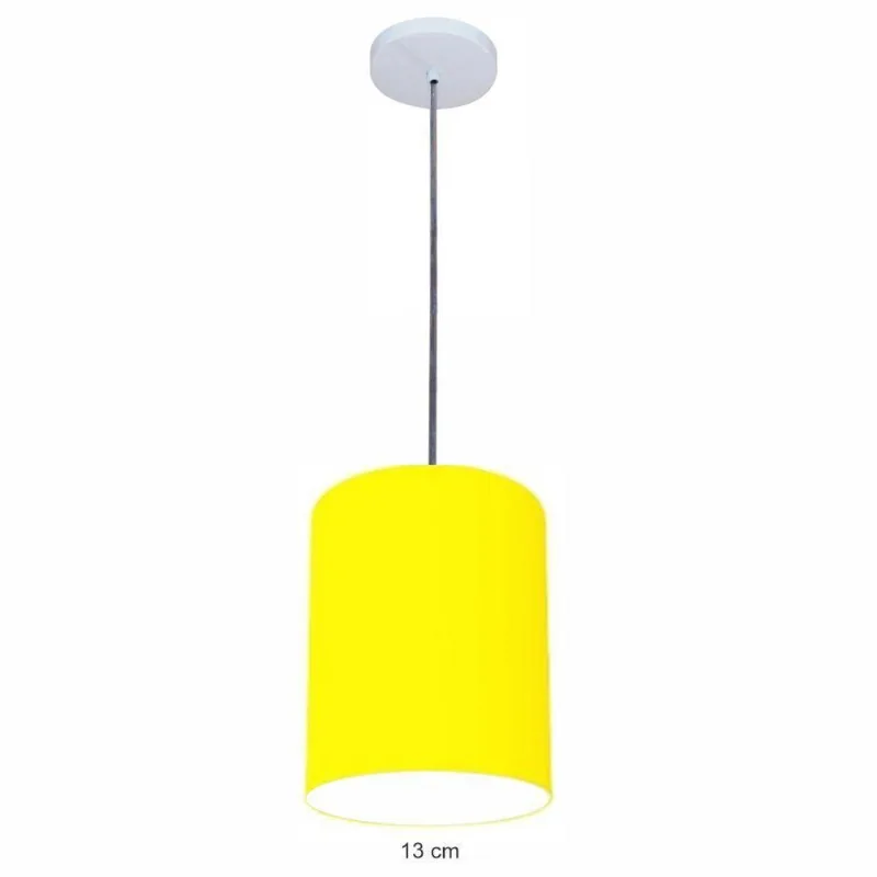 Luminária Pendente Vivare Free Lux Md-4104 Cúpula Em Tecido Amarelo Da Canopla Canopla Branca E Fio Cristal