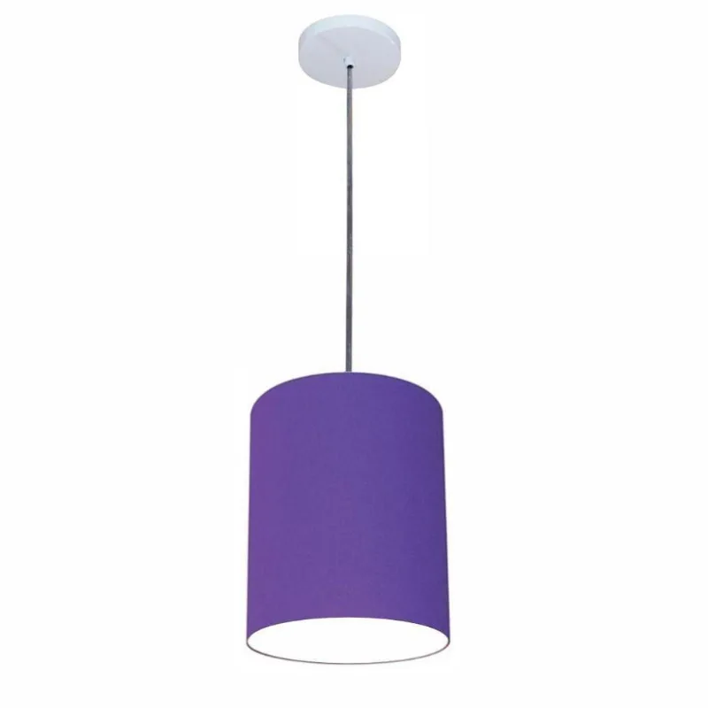 Luminária Pendente Vivare Free Lux Md-4103 Cúpula Em Tecido Roxo Da Canopla Canopla Branca E Fio Cristal
