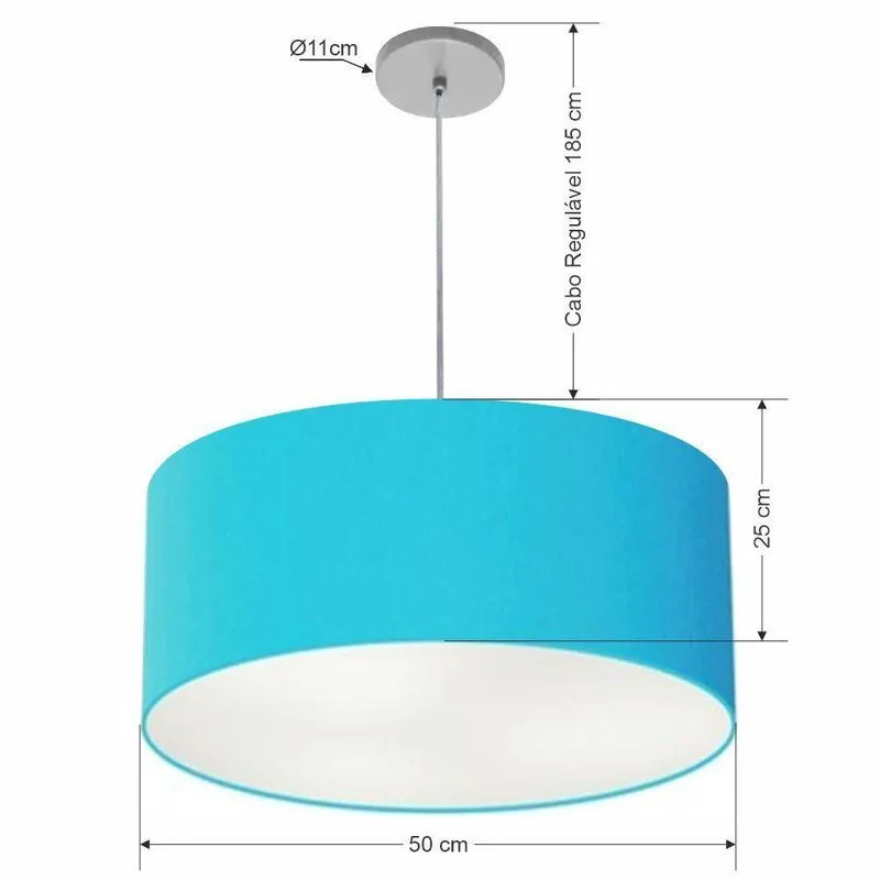 Lustre Pendente Cilíndrico Vivare Free Lux Md-4386 Médio Com Cúpula Em Tecido Azul-turquesa Vivare