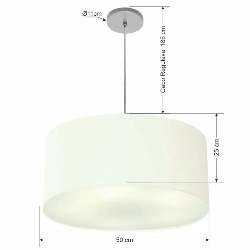 Lustre Pendente Cilíndrico Vivare Free Lux Md-4386 Com Cúpula Em Tecido 50x25 Branca Canopla Cinza