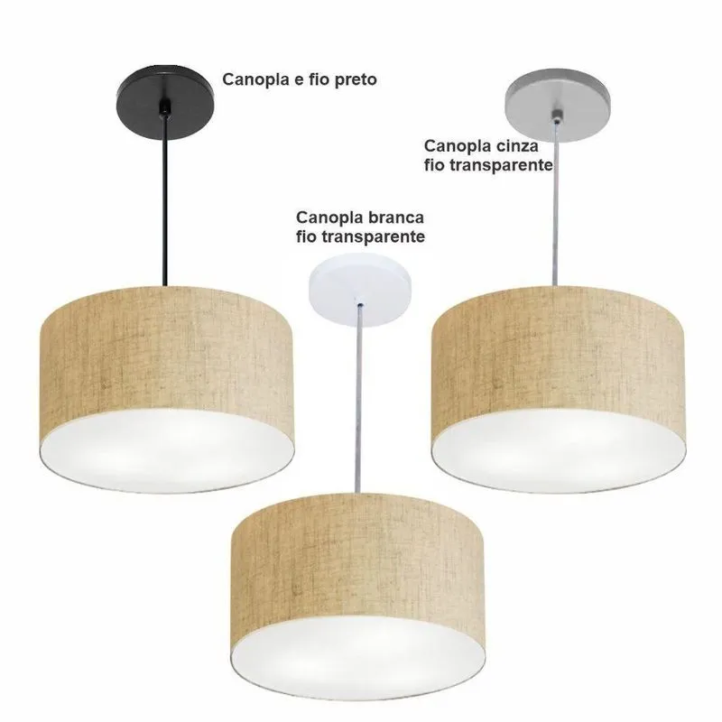Lustre Pendente Cilíndrico Vivare Free Lux Md-4386 Com Cúpula Em Tecido Canopla Cinza Rústico-bege