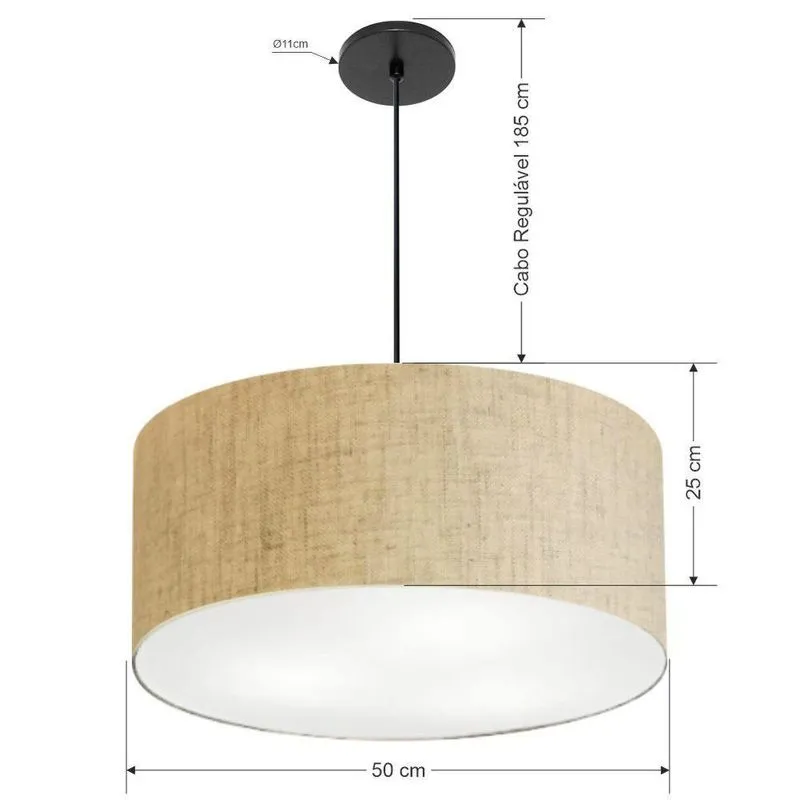 Lustre Pendente Cilíndrico Vivare Free Lux Md-4386 Com Cúpula Em Tecido Canopla Preta 50x25