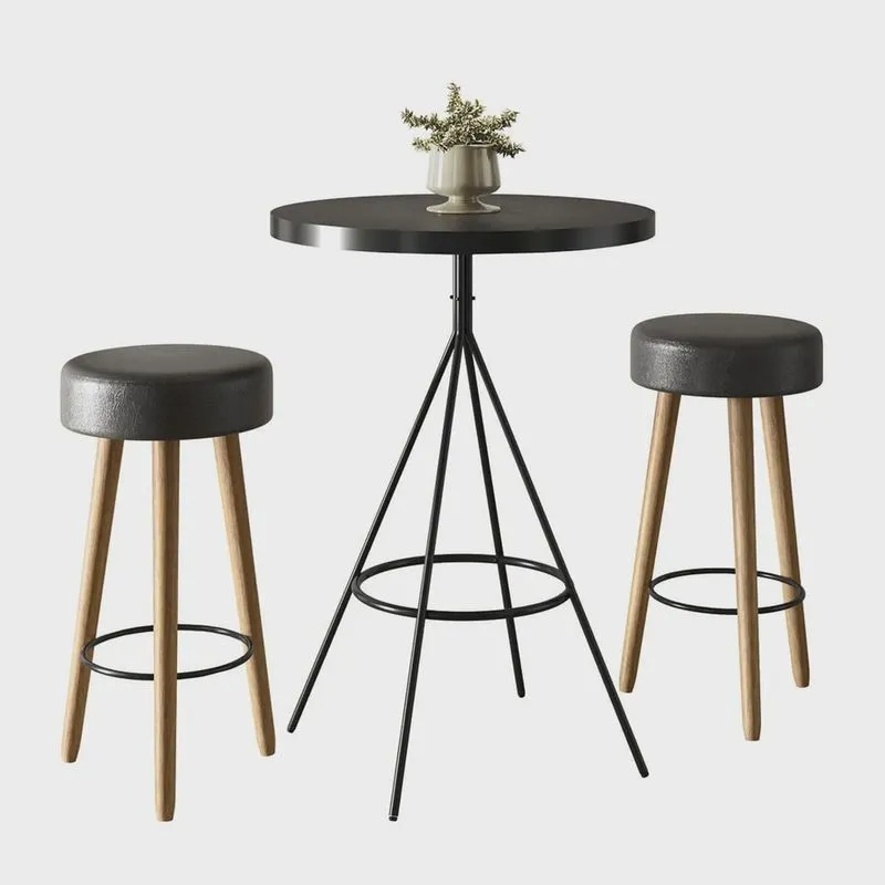 Mesa Bistrô Alta Detroit e 02 Banquetas Creveland Assento Quadrado Com Encosto - Preta - EdeCasaMóveis