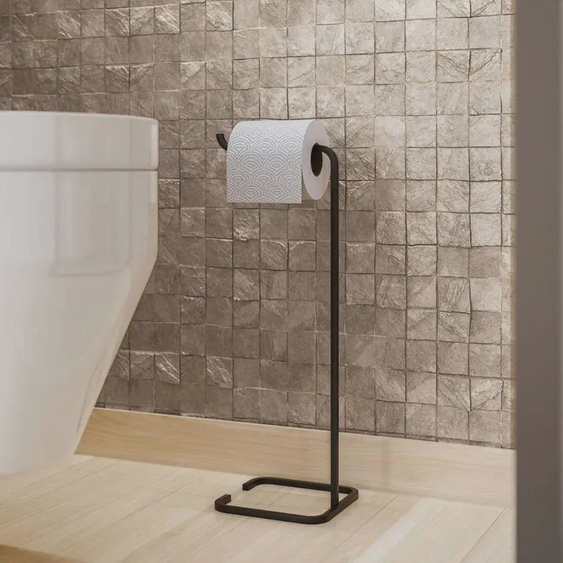 Suporte Porta Papel Higiênico de Chão para Banheiro com Base Preta em Metal - ÉdeCasaMóveis