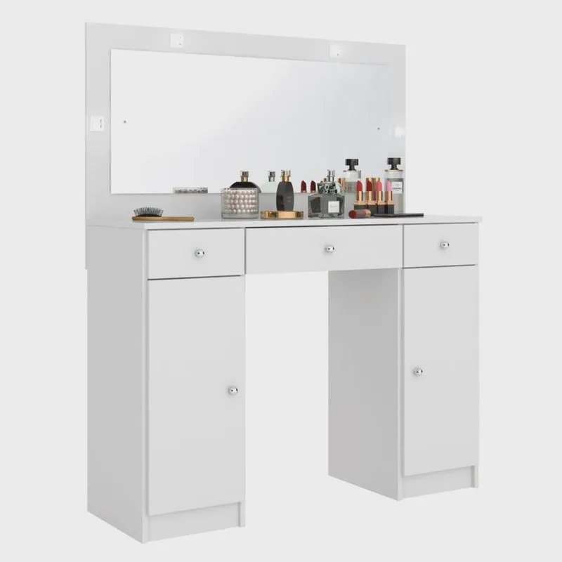 Penteadeira Camarim Makeup com Led e 3 Gaveta 2 Portas 108x134cm-Branca-EdeCasaMoveis
