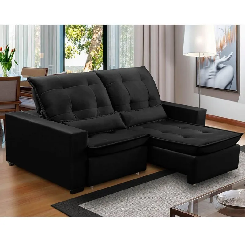 Sofa Retratil Reclinavel 2 Lugares 2,50m Atlantis Veludo Preto Lansofbr