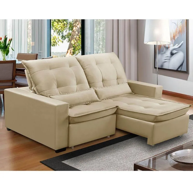 Sofa Retratil Reclinavel 2 Lugares 2,50m Atlantis Veludo Bege Lansofbr