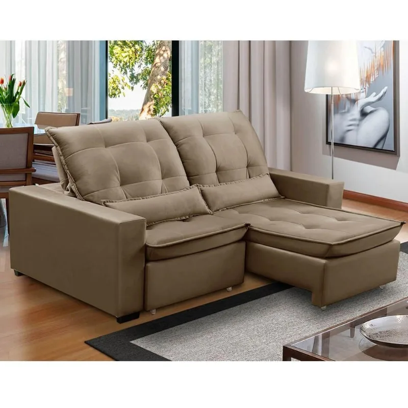Sofa Retratil Reclinavel 2 Lugares 2,50m Atlantis Veludo Capuccino Lansofbr