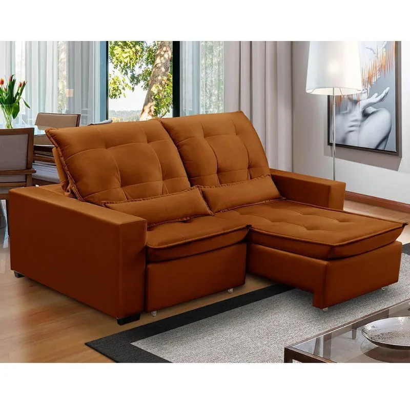 Sofa Retratil Reclinavel 2 Lugares 2,30m Atlantis Veludo Laranjado Lansofbr