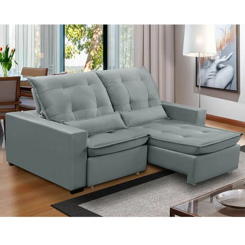 Sofa Retratil Reclinavel 2 Lugares 2,30m Atlantis Veludo Cinza Lansofbr