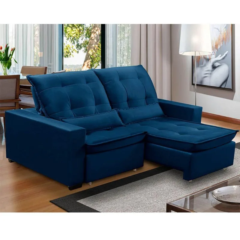 Sofa Retratil Reclinavel 2 Lugares 2,30m Atlantis Veludo Azul Marinho Lansofbr