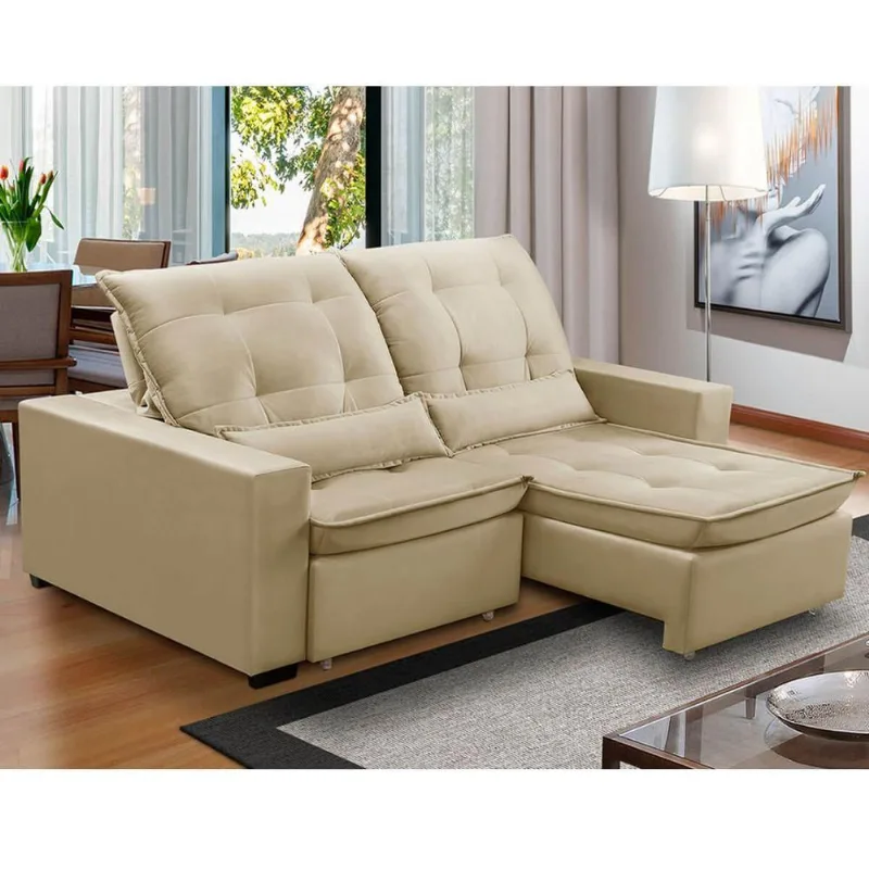 Sofa Retratil Reclinavel 2 Lugares 2,60m Atlantis Veludo Bege Lansofbr