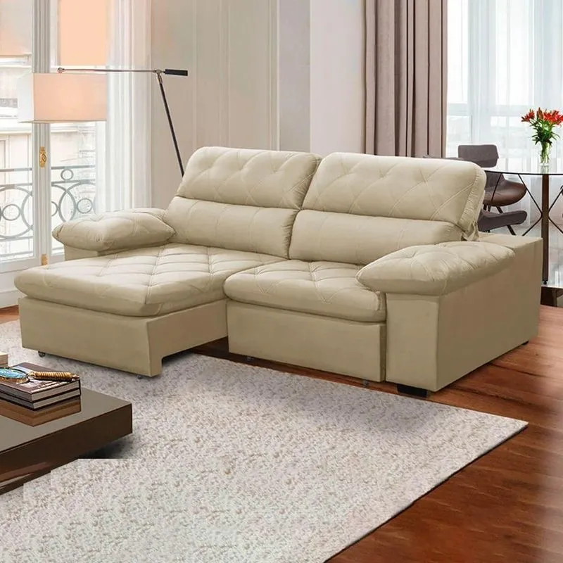 Sofa Retratil Reclinavel 2 Lugares 2,30m Crystal Veludo Bege Lansofbr