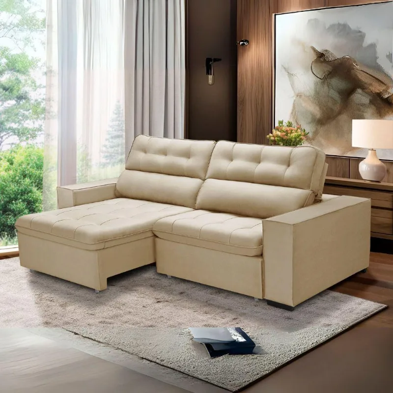 Sofa Retratil Reclinavel 2 Lugares 2,80 Vitória Veludo Bege Lansofbr