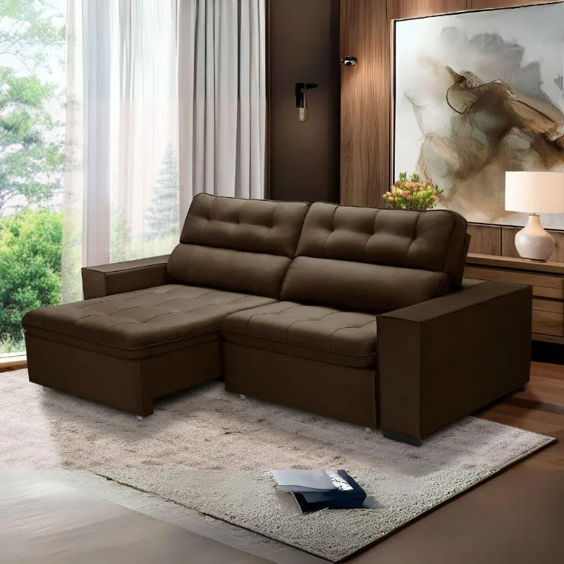Sofa Retratil Reclinavel 2 Lugares 2,80 Vitória Veludo Marrom Lansofbr