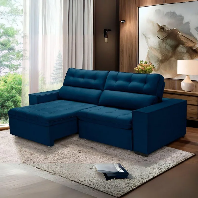 Sofa Retratil Reclinavel 2 Lugares 2,90 Vitória Veludo Azul Marinho Lansofbr