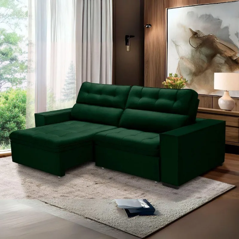 Sofa Retratil Reclinavel 2 Lugares 2,90 Vitória Veludo Verde Lansofbr