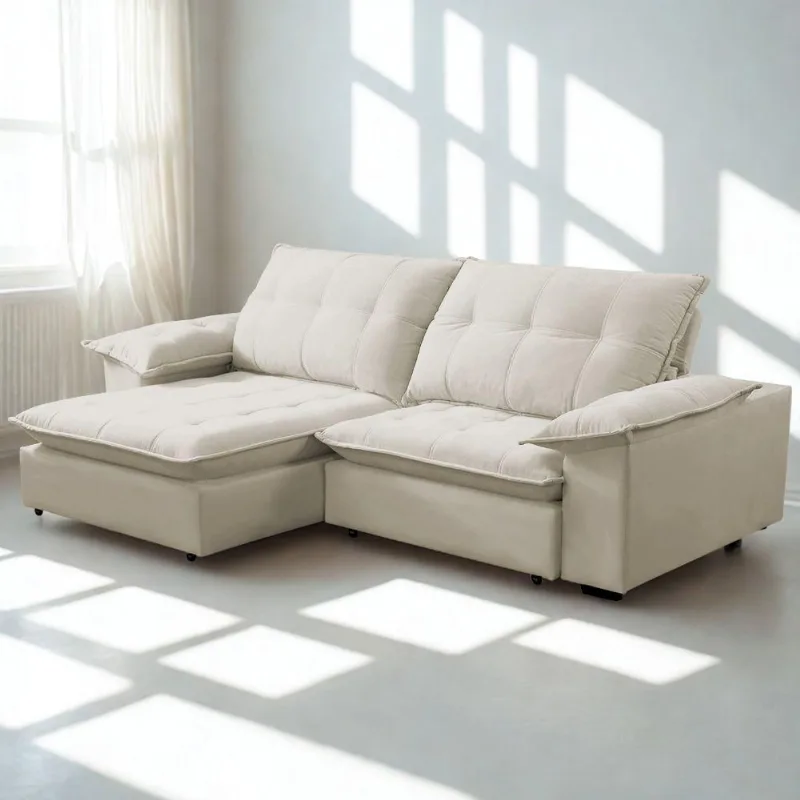 Sofá Retrátil e Reclinável Veludo 2,00m Lisboa Conforto Premium e Design Elegante Lansof Brasil Bege