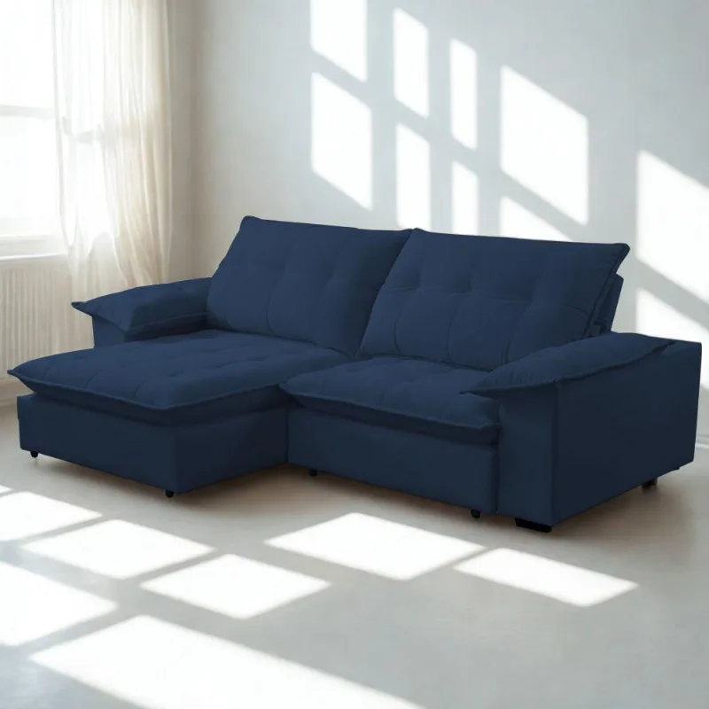 Sofá Retrátil E Reclinável Veludo 2,20m Lisboa - Conforto Premium E Design Elegante Azul Marinho
