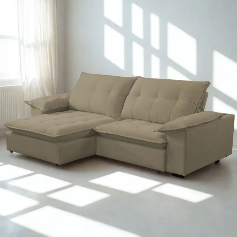 Sofá Retrátil E Reclinável Veludo 2,20m Lisboa - Conforto Premium E Design Elegante Capuccino