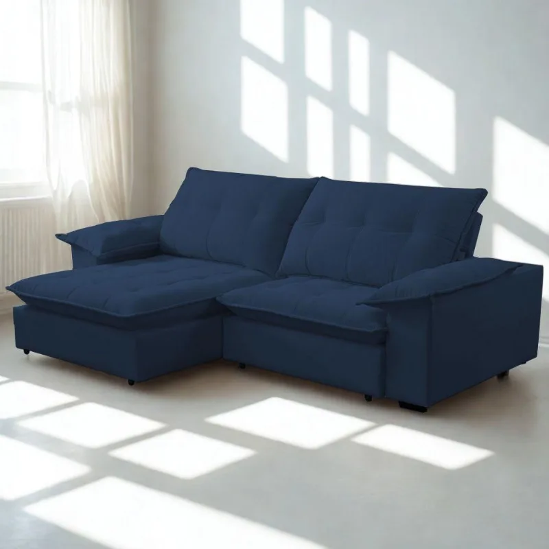 Sofá com Chaise Lisboa 4 Lugares Retrátil e Reclinável 240CM Azul Veludo Lansof