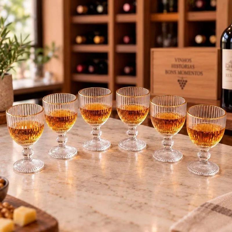 Jogo De Taças Licor Vidro Frisado Bordas Douradas 50ml Kit 6