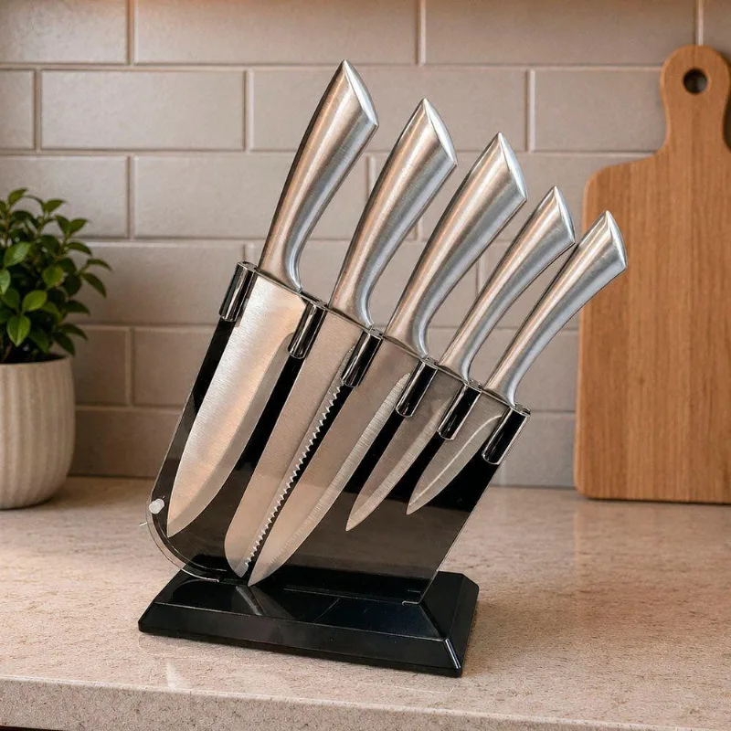 Conjunto de Facas Inox com Suporte Profissional 5 Peças Cozinha Prata