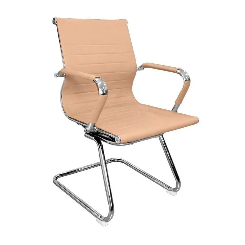 Cadeira De Escritório Locutor Secretária Couro Sintético Base Fixa Bege Mak Decor