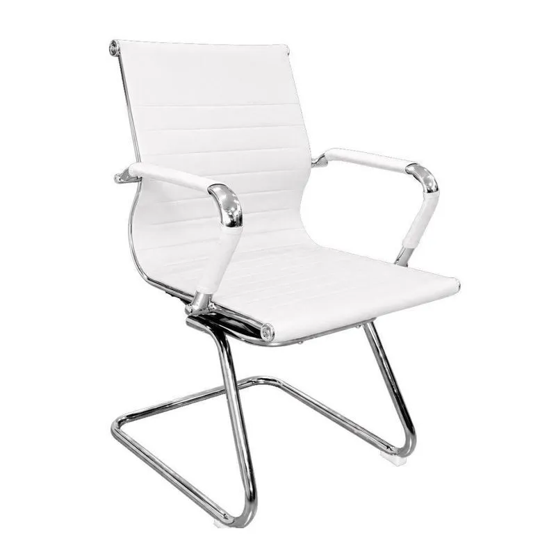 Cadeira De Escritório Locutor Secretária Couro Sintético Base Fixa Com Braços Ajustáveis Branco Mak
