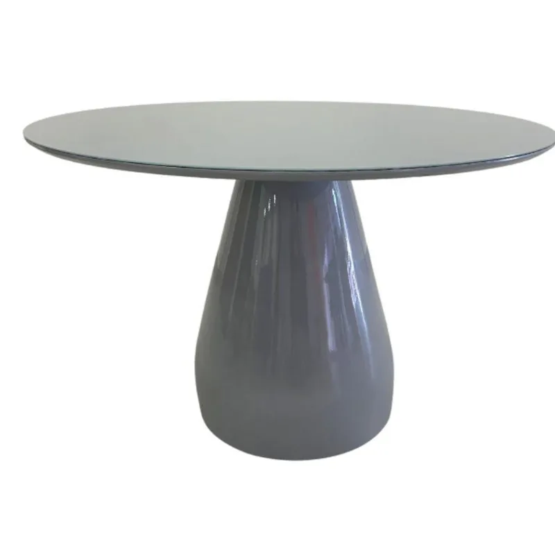 Mesa De Jantar Cone Balonê Redonda 160 Cm Tampo Laca Cinza + Vidro Base Cinza