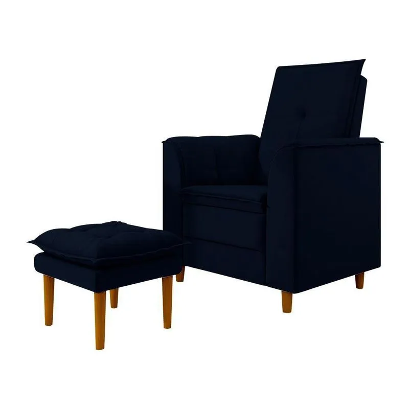 Poltrona De Amamentação Quarto De Bebê Gracy Com Puff Pés Palito Veludo Azul Marinho G85 - Gran Belo