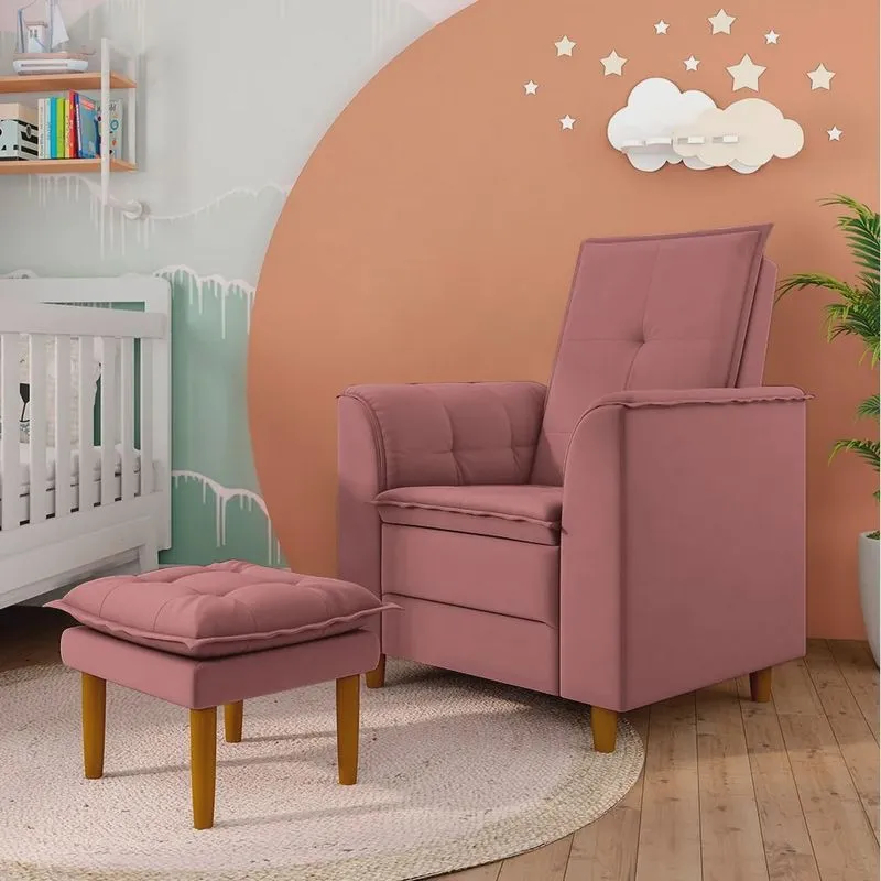 Poltrona de Amamentação Quarto de Bebê Gracy com Puff Pés Palito Veludo Rosa G85 - Gran Belo