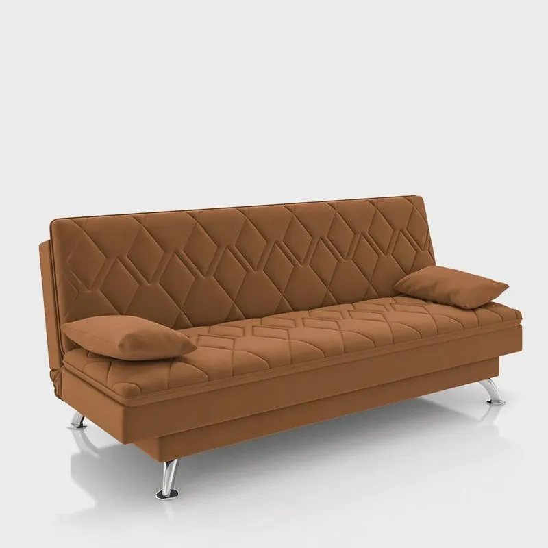 Sofá Cama Sala de Estar 193cm Belinda com Pés Alumínio Veludo Terracota G45 - Gran Belo