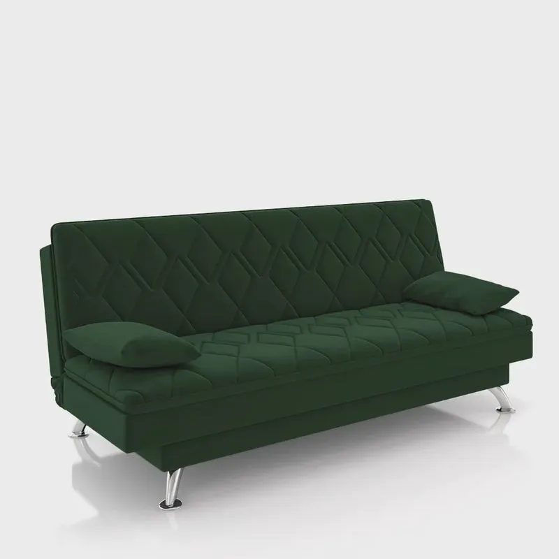 Sofá Cama Sala de Estar 193cm Belinda com Pés Alumínio Veludo Verde G45 - Gran Belo