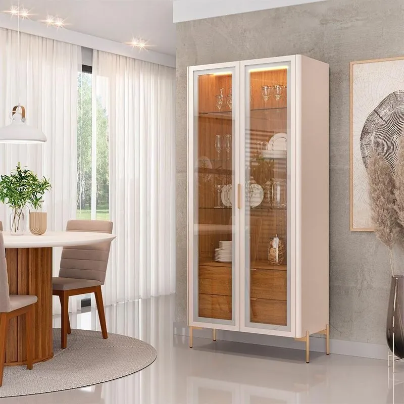 Cristaleira Decorativa Vitória Com 3 Prateleiras E 2 Portas De Vidro Iluminação Led Pés Metálicos Dourados Off White-freijó