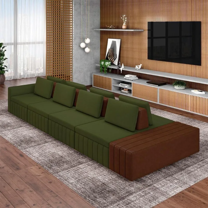 Sofá Modular Ilha Olimpo G45 4 Lugares 465cm Verde e Marrom Linho e Pu Gran Belo - Gran Belo
