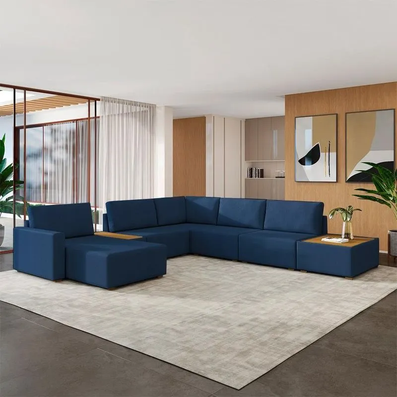 Sofá De Canto Decorativo 603cm Modulado Takashi Com Chaise E Puffs Linho Azul Petróleo G45 - Gran Belo
