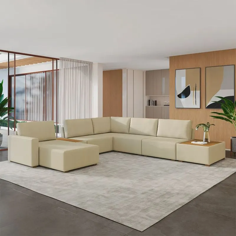 Sofá de Canto Decorativo Sala de Estar 715cm Modulado Takashi com Chaise e Puffs Linho Bege G45 - Gran Belo