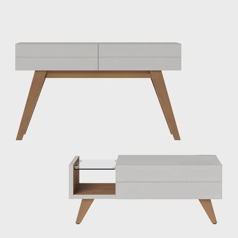 Conjunto 1 Aparador e 1 Mesa de Centro Decorativa Sala de Jantar Sancho pés em madeira Off White G73 - Gran Belo